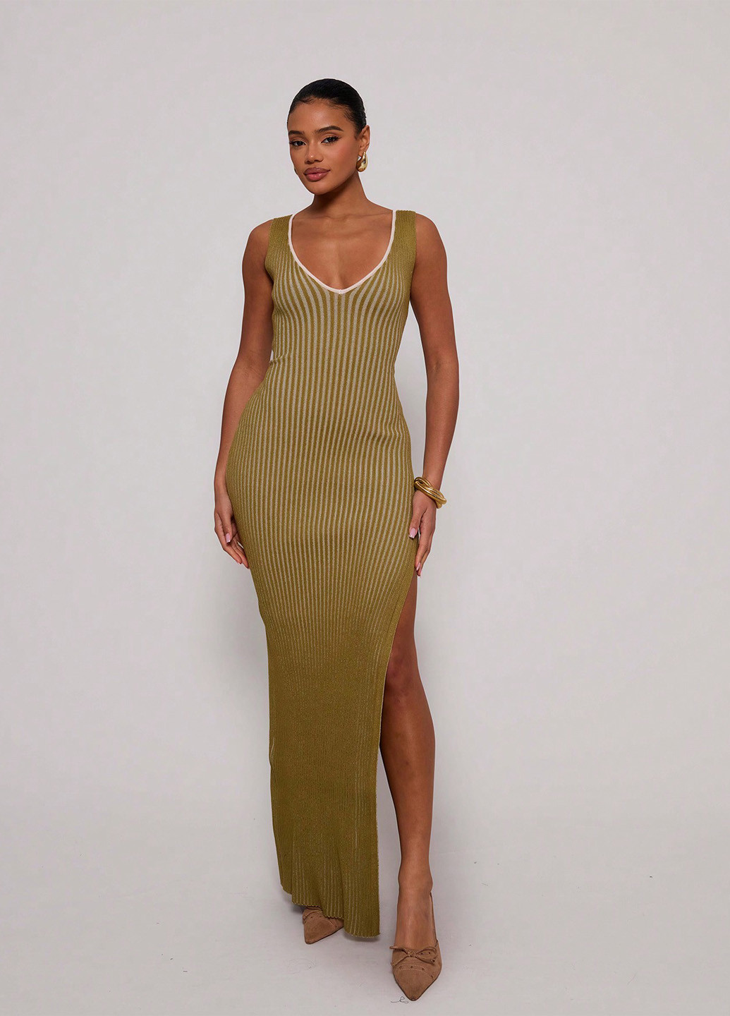 Оливковое кэжуал платье платье-майка SHEIN в полоску
