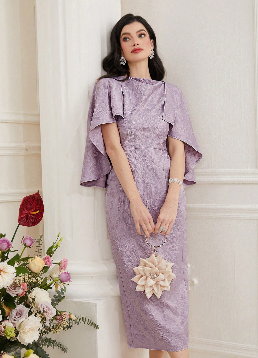 Сиреневое деловое, коктейльное платье платье-кейп, футляр SHEIN бабочки