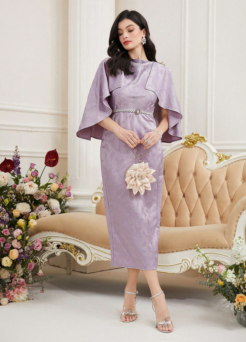 Сиреневое деловое, коктейльное платье платье-кейп, футляр SHEIN бабочки