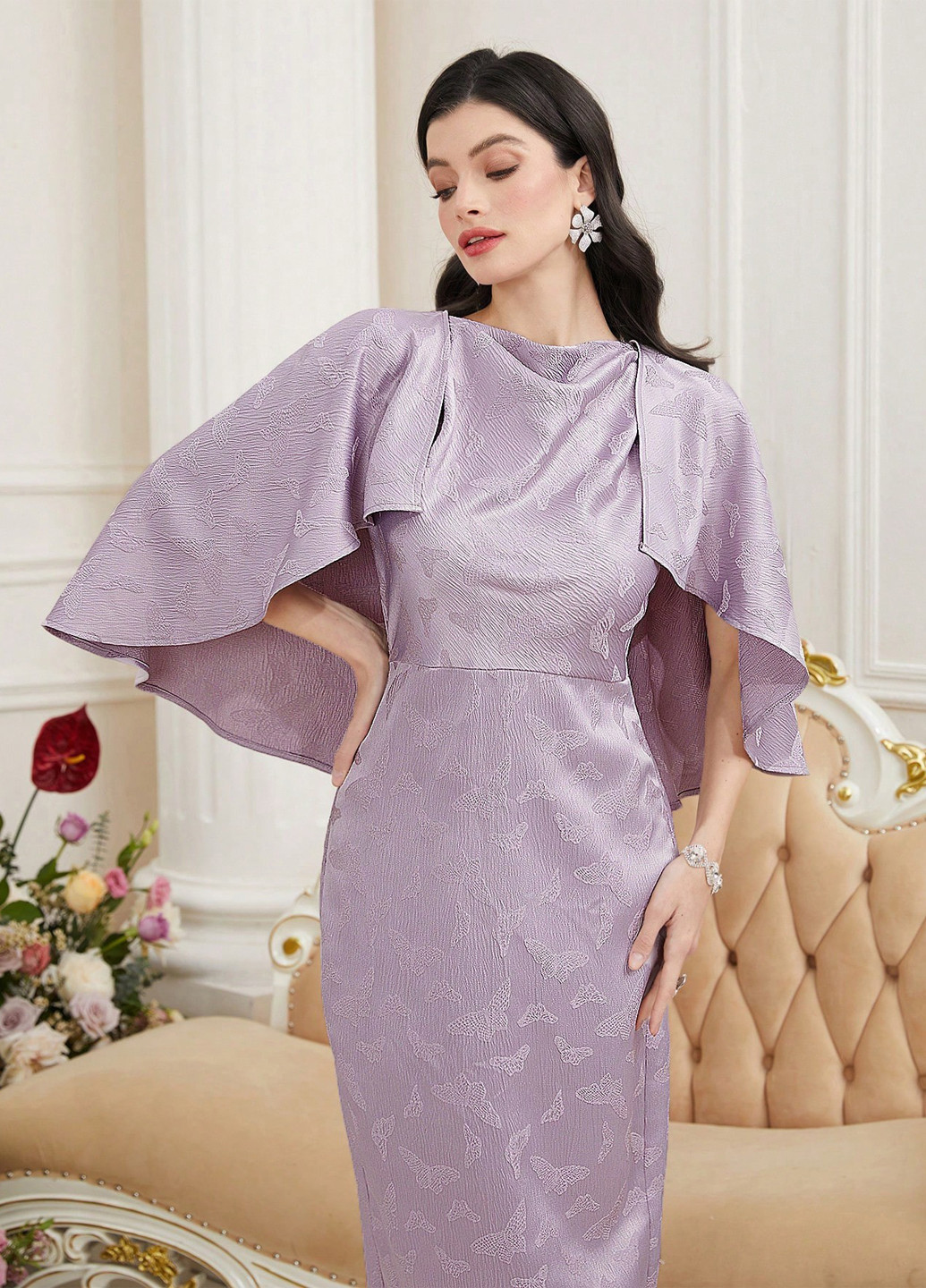 Сиреневое деловое, коктейльное платье платье-кейп, футляр SHEIN бабочки