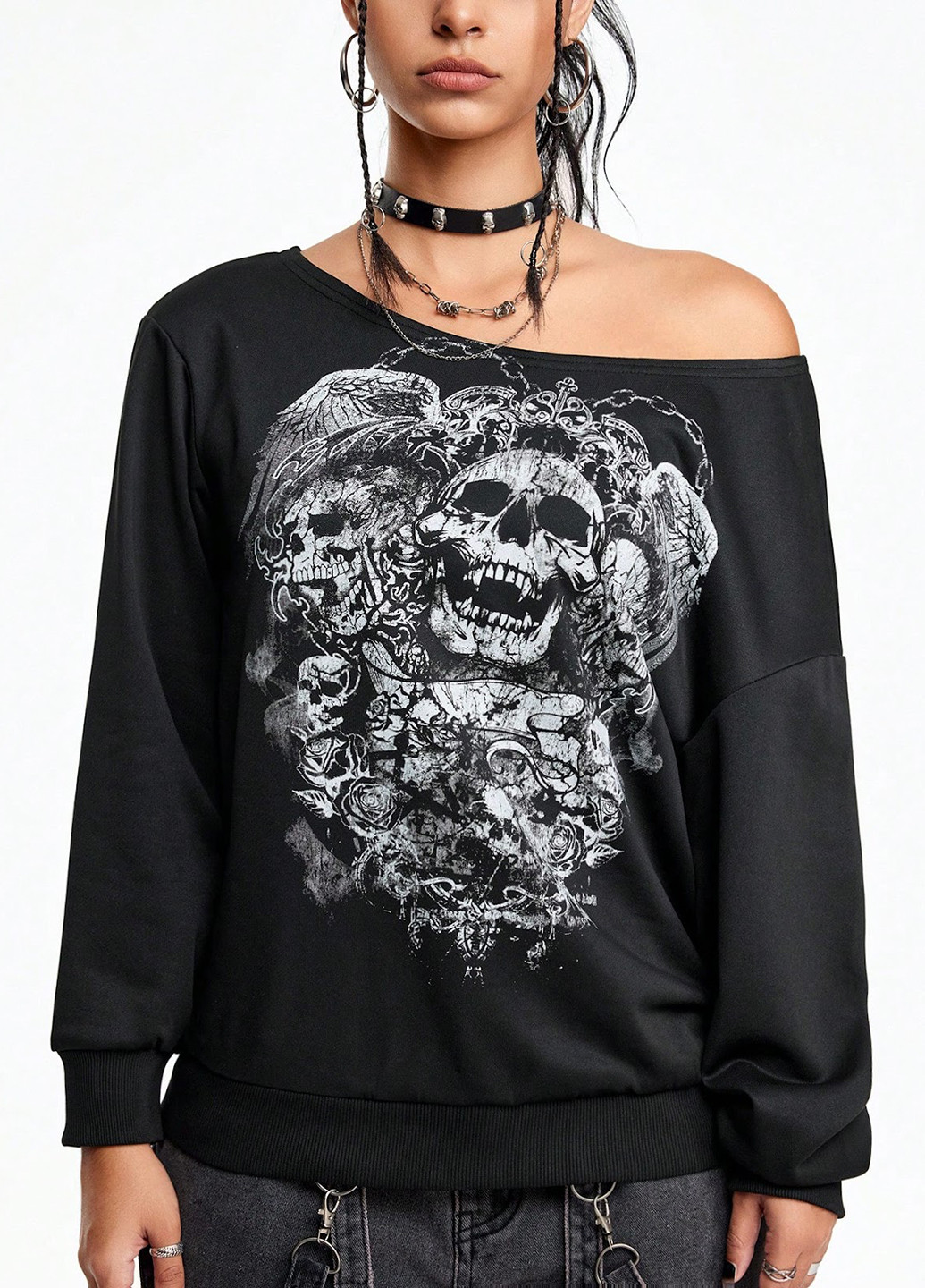Чорний світшот SHEIN череп без декору (324037292)