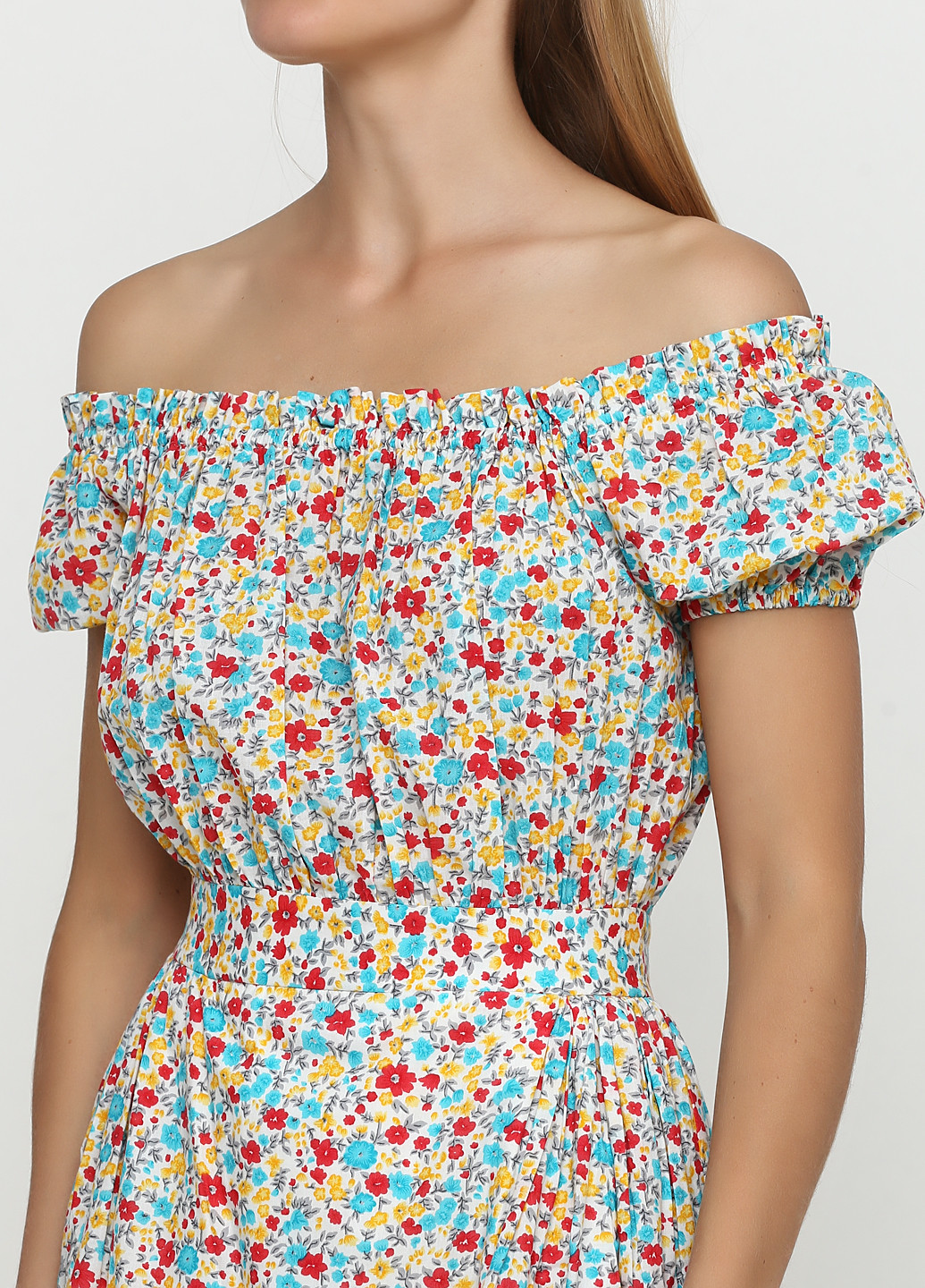 Бирюзовое кэжуал платье клеш Sassofono с цветочным принтом