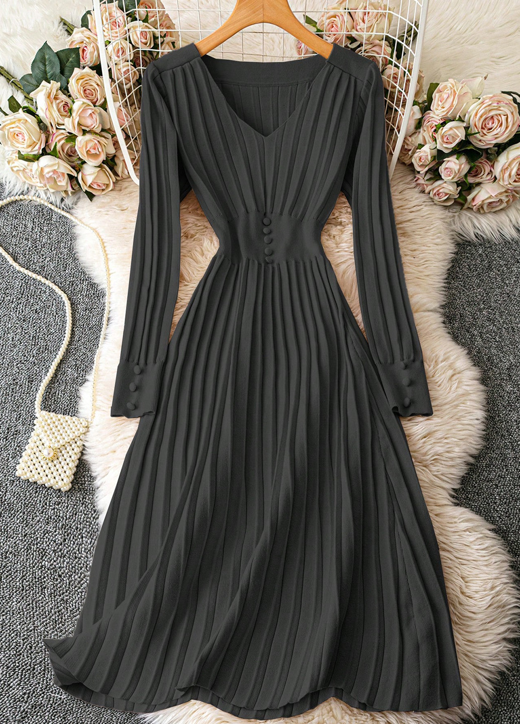 Черное кэжуал платье клеш, платье-свитер, плиссированное SHEIN однотонное