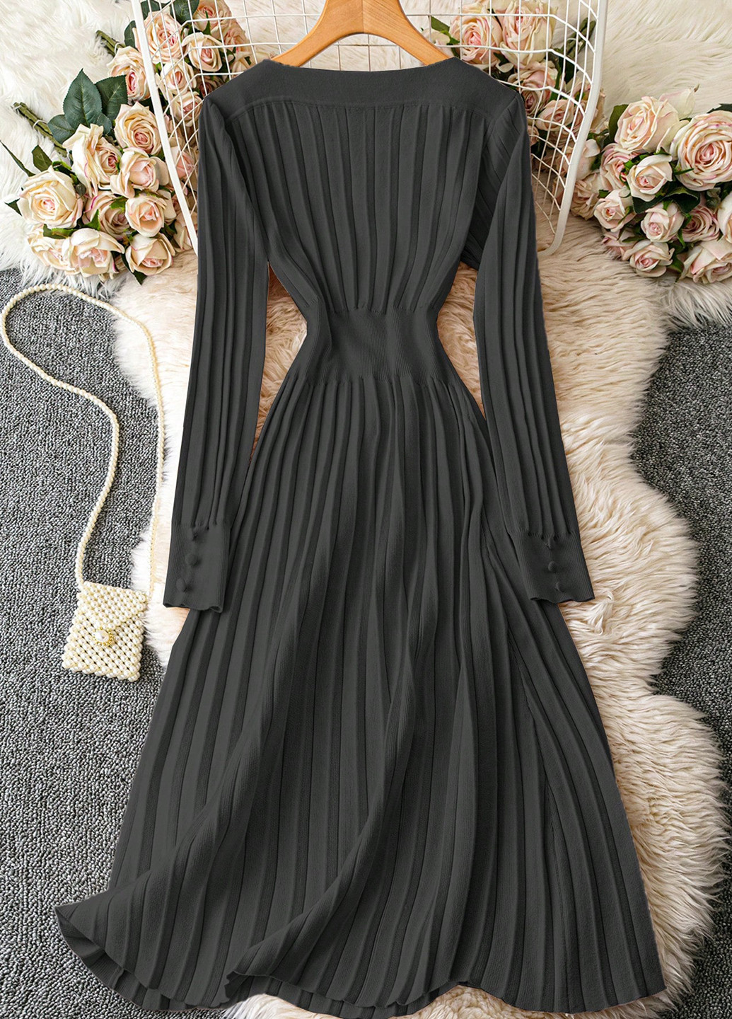 Черное кэжуал платье клеш, платье-свитер, плиссированное SHEIN однотонное