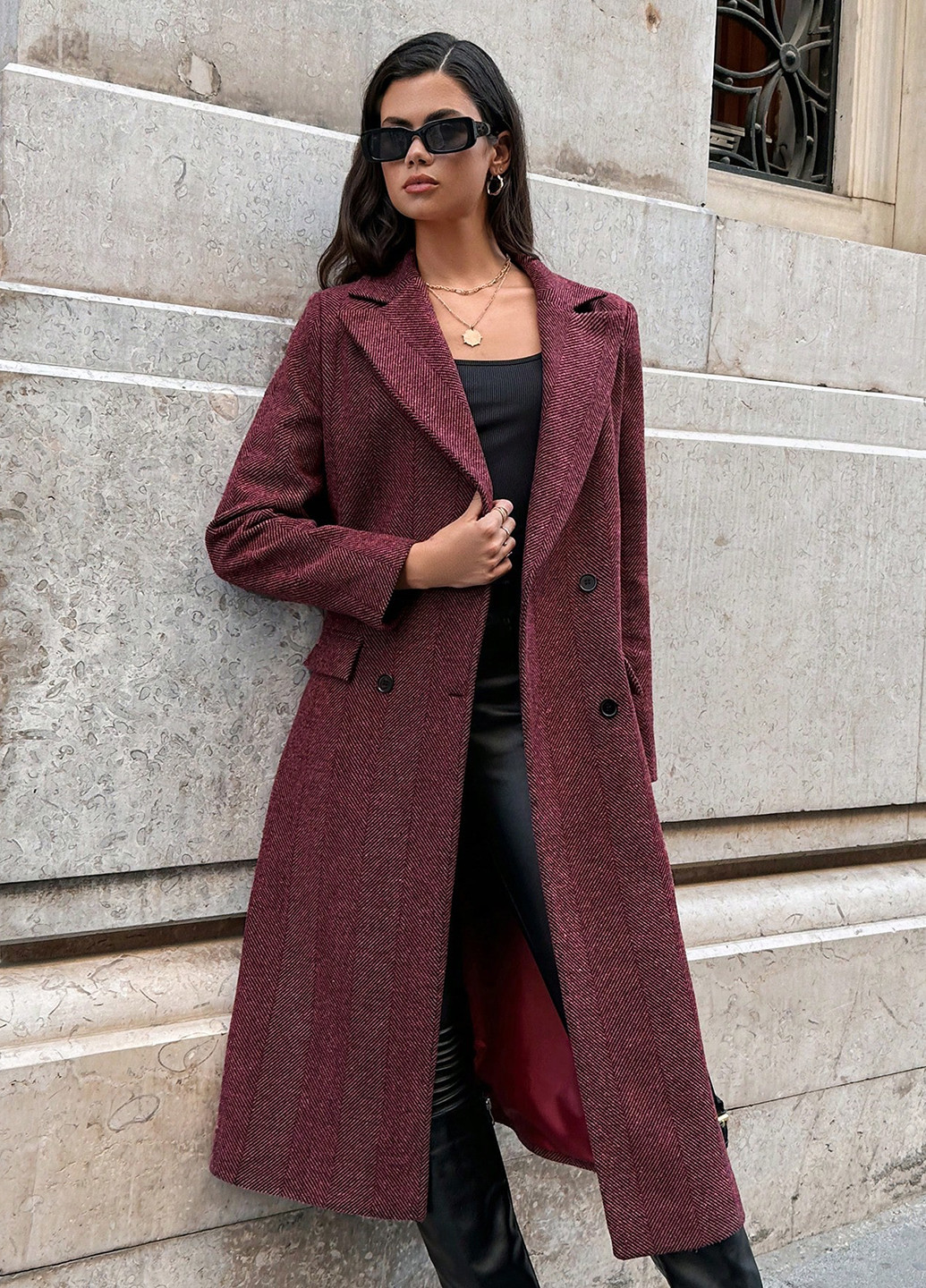 Бордове демісезонне Пальто двобортне SHEIN