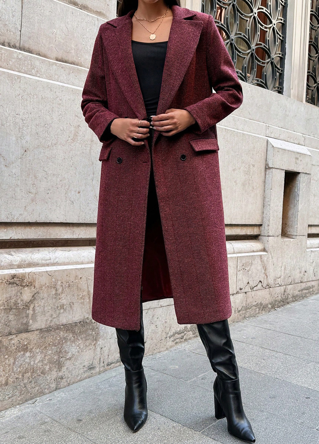 Бордове демісезонне Пальто двобортне SHEIN