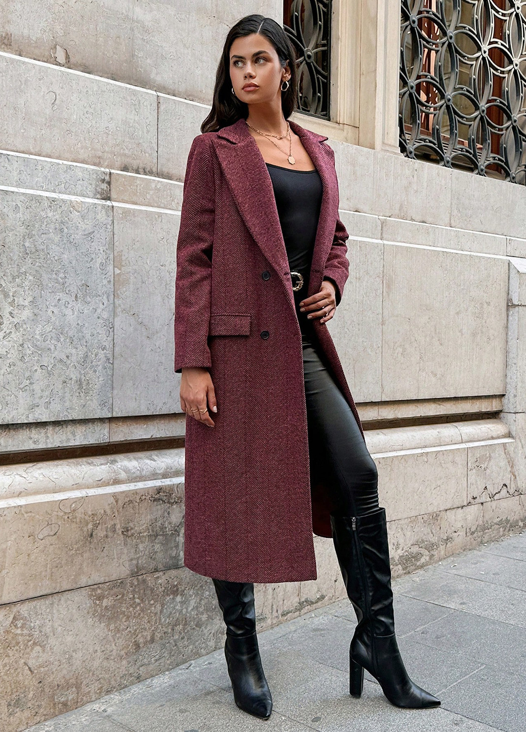 Бордове демісезонне Пальто двобортне SHEIN