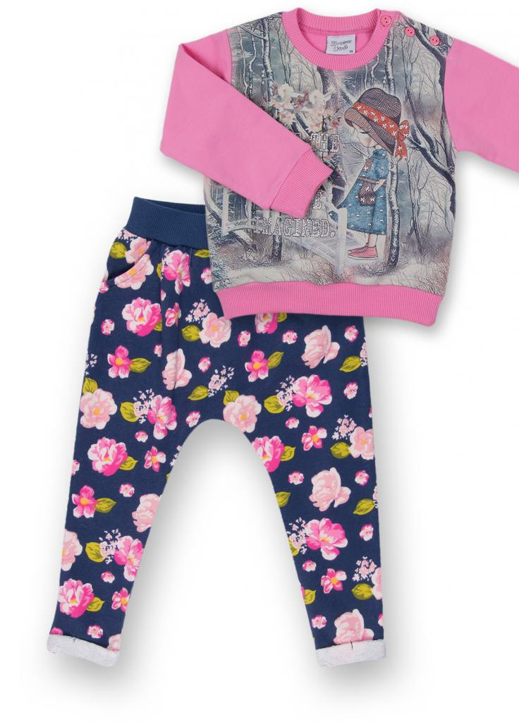 Синій демісезонний костюм десткий з дівчинкою і штанцями в квіточку (8075-92 / g-pink) Breeze