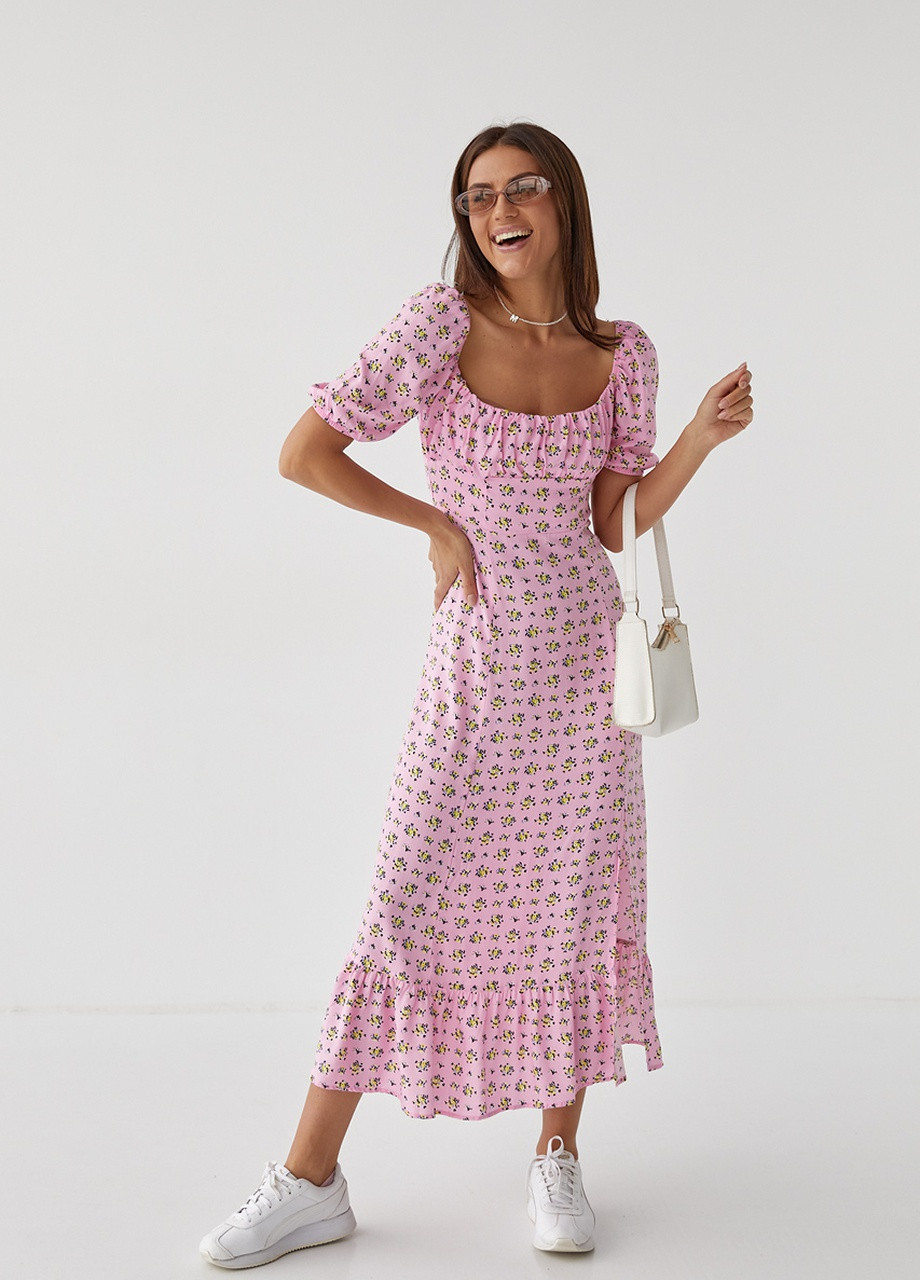 Розовое кэжуал длинное цветочное платье с оборкой No Brand с цветочным принтом