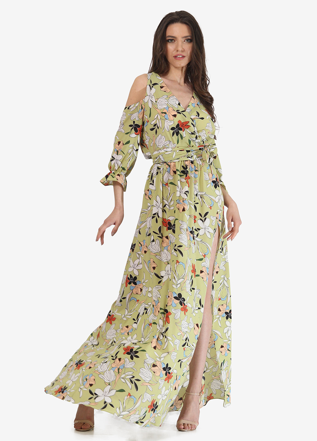 Салатовое кэжуал платье клеш, на запах Lila Kass с цветочным принтом