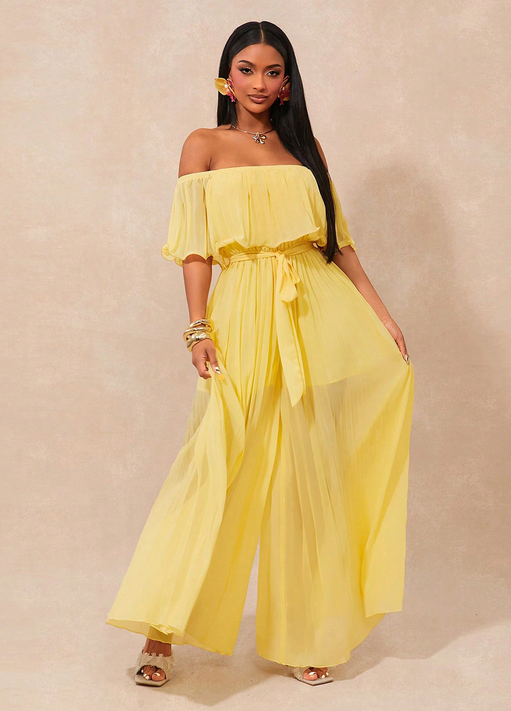 Комбинезон SHEIN комбинезон-брюки однотонный жёлтый кэжуал полиэстер