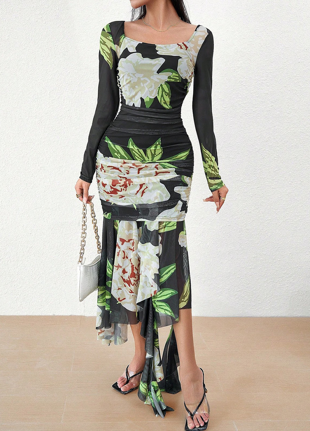 Комбинированное кэжуал платье силуэтная SHEIN с цветочным принтом