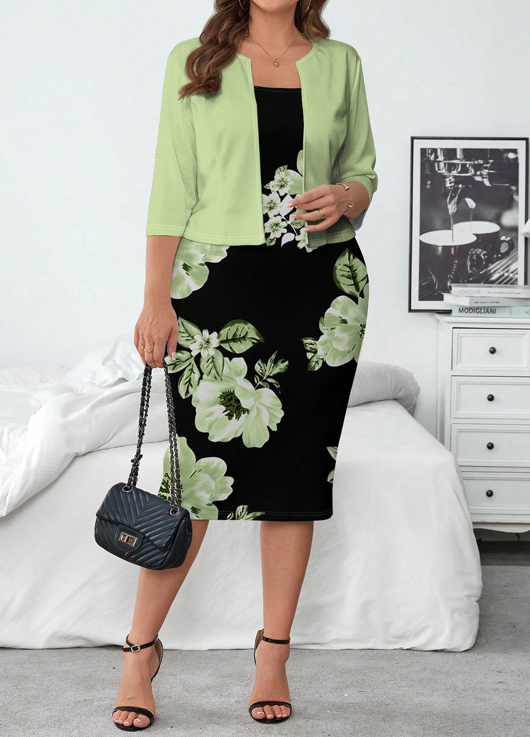 Зеленый летний комплект (кардиган, платье) SHEIN