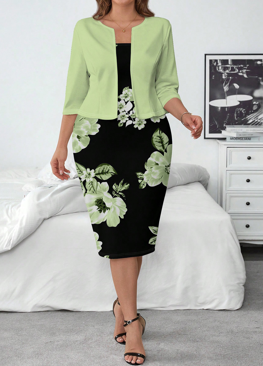 Зеленый летний комплект (кардиган, платье) SHEIN