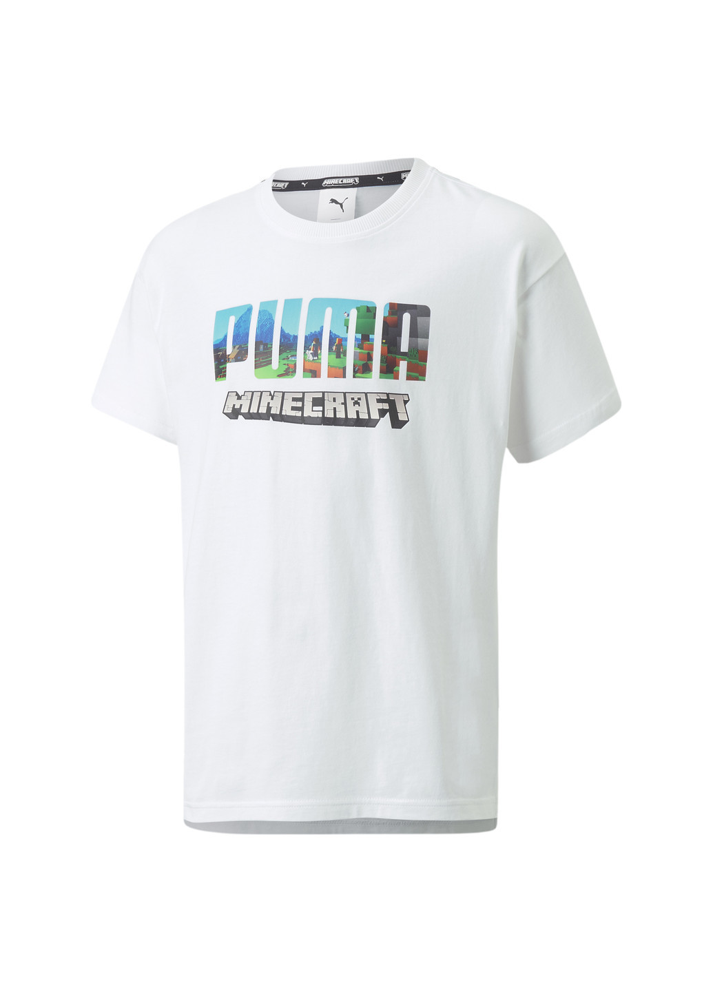 Детская футболка x MINECRAFT Relaxed Youth Tee Puma однотонная белая спортивная полиэстер, хлопок, полиуретан