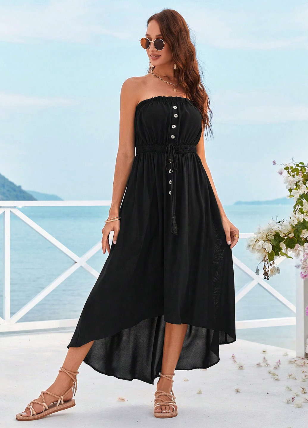 Чорна кежуал, пляжна сукня в стилі армпір, з відкритими плечима, бандо SHEIN однотонна