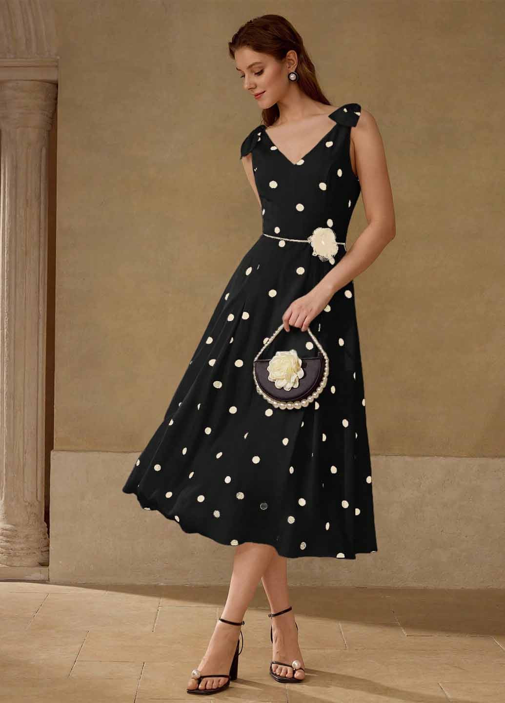 Черное праздничный, кэжуал платье клеш SHEIN в горошек