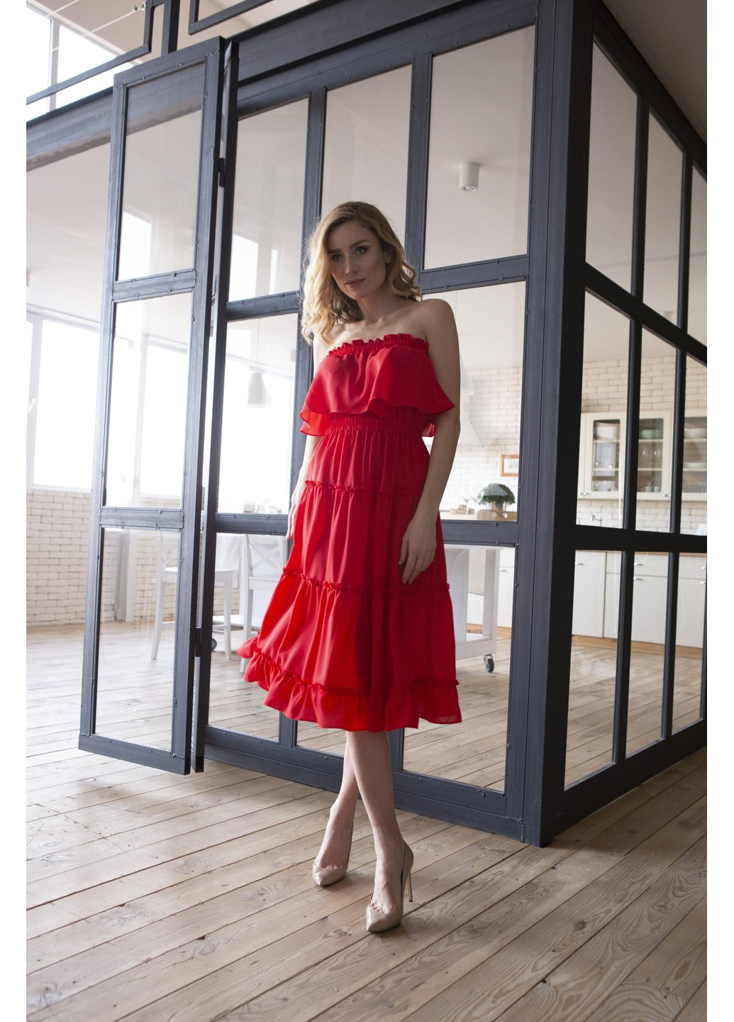 Красное коктейльное платье аллегра клеш, с открытой спиной, с пышной юбкой, с открытыми плечами BYURSE однотонное