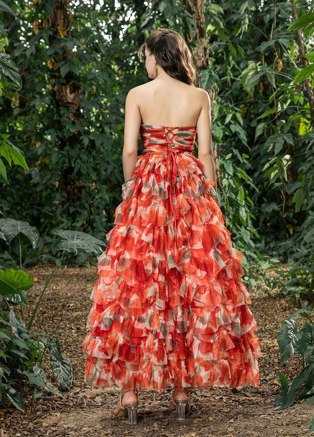 Червона вечірня сукня з пишною спідницею, бандо SHEIN з квітковим принтом