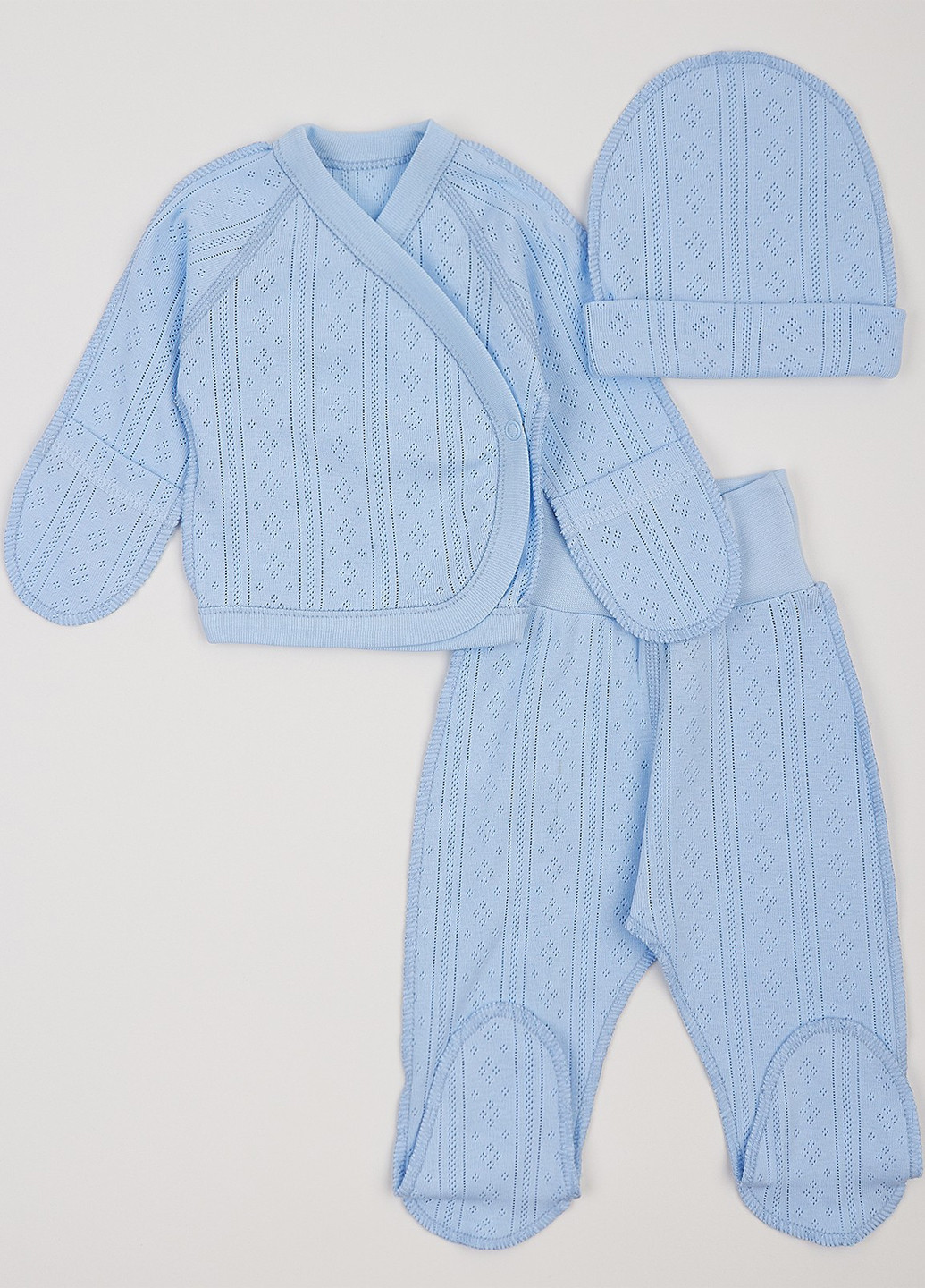 Блакитний демісезонний комплект (распашонка, повзунки, шапка) Ляля