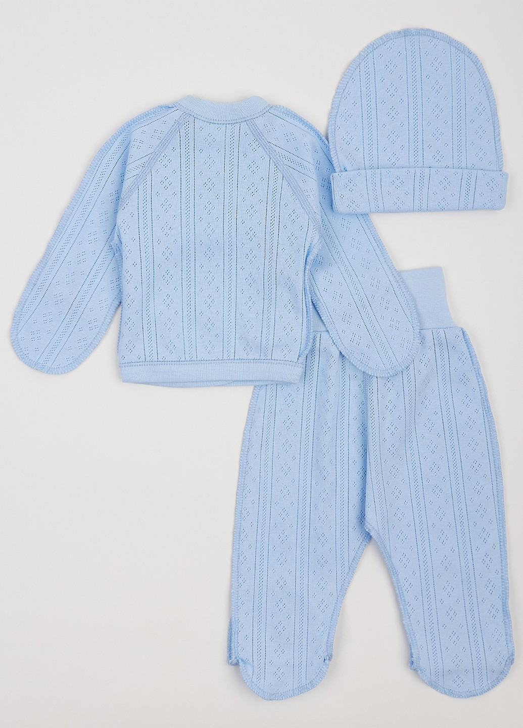 Блакитний демісезонний комплект (распашонка, повзунки, шапка) Ляля
