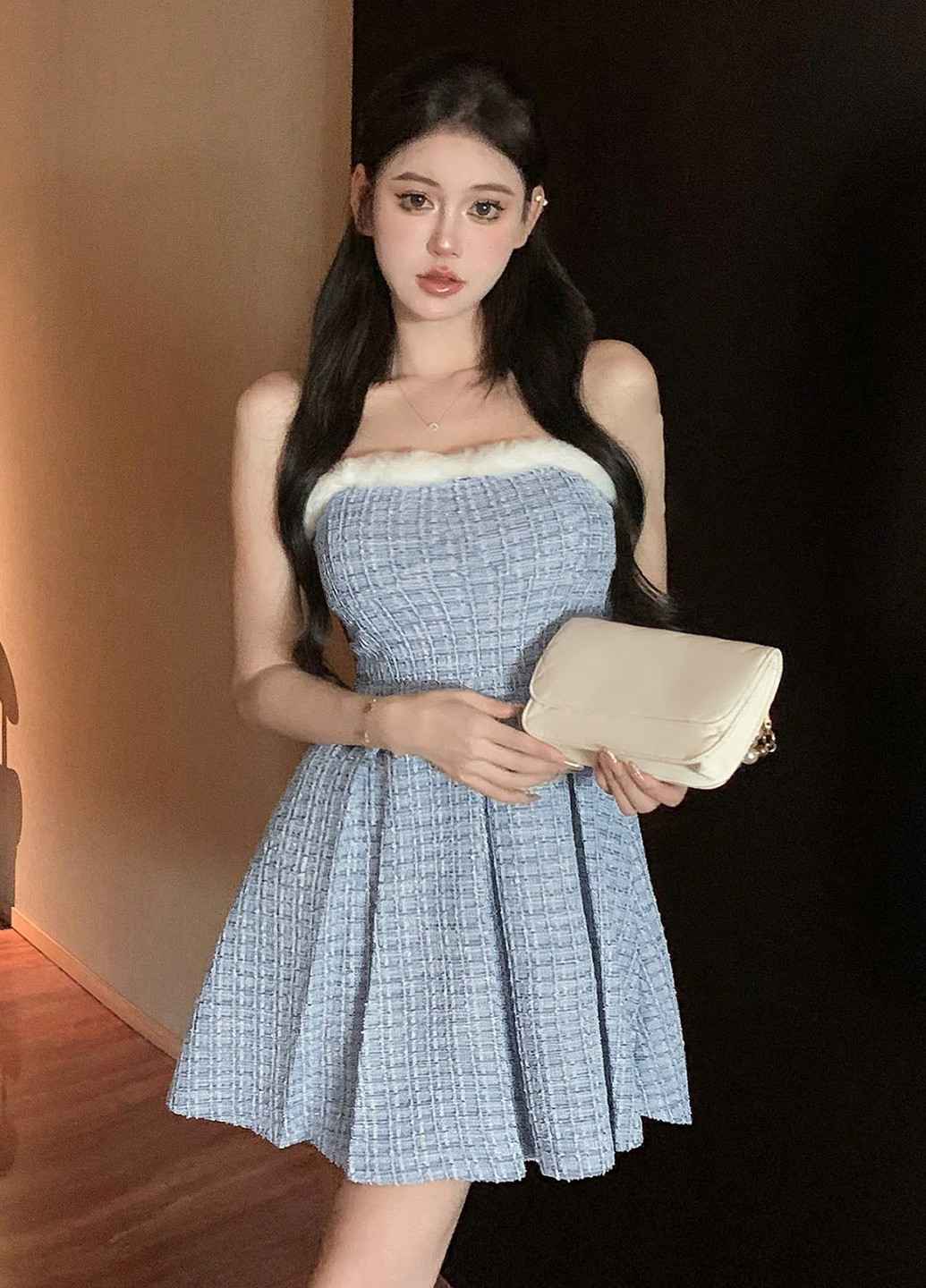 Серо-синее коктейльное, кэжуал платье клеш SHEIN в клетку