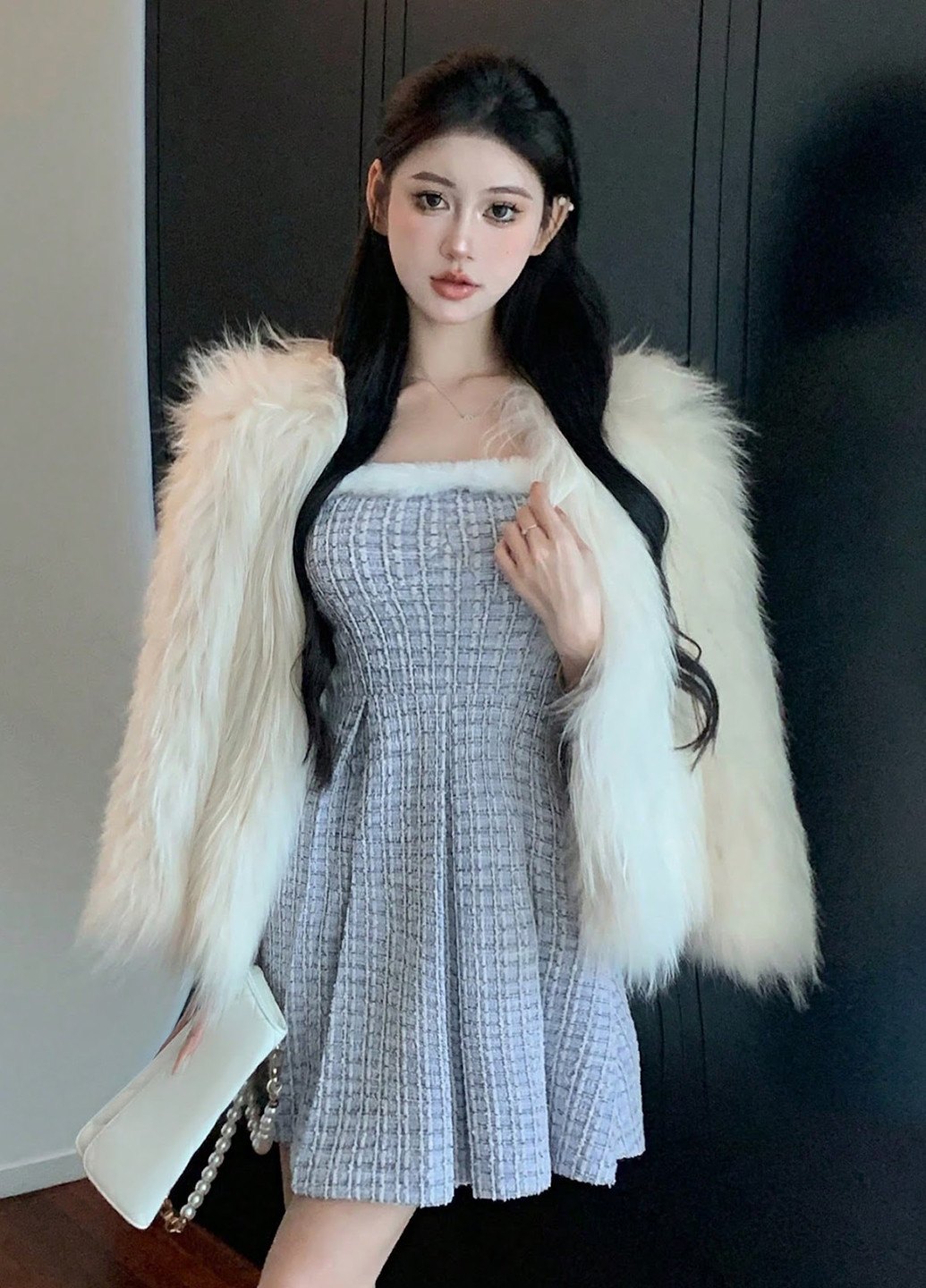 Серо-синее коктейльное, кэжуал платье клеш SHEIN в клетку