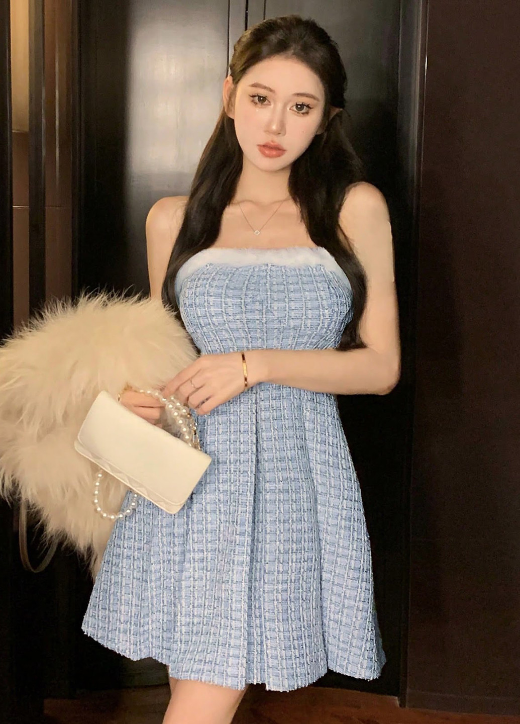 Серо-синее коктейльное, кэжуал платье клеш SHEIN в клетку