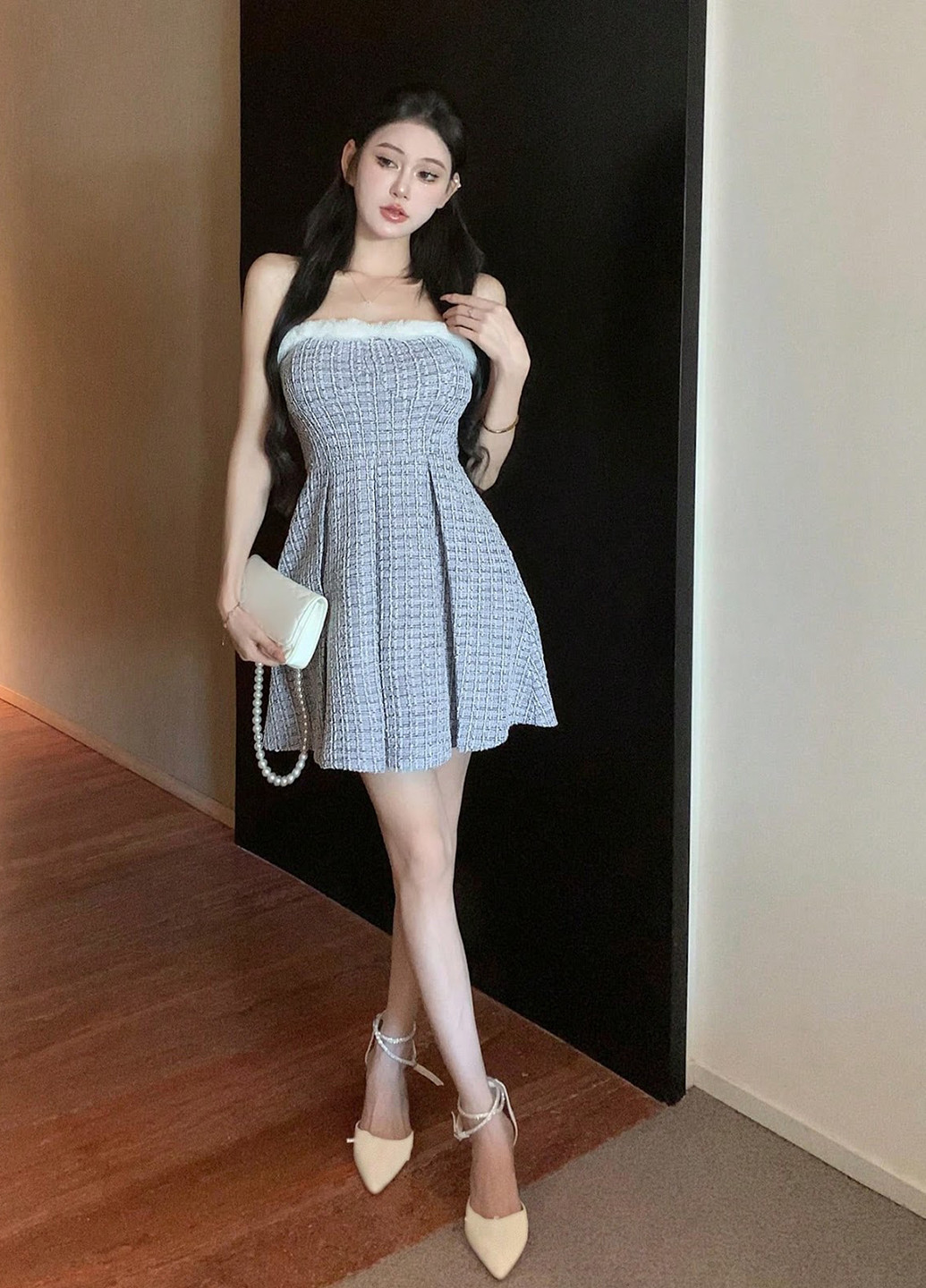 Серо-синее коктейльное, кэжуал платье клеш SHEIN в клетку