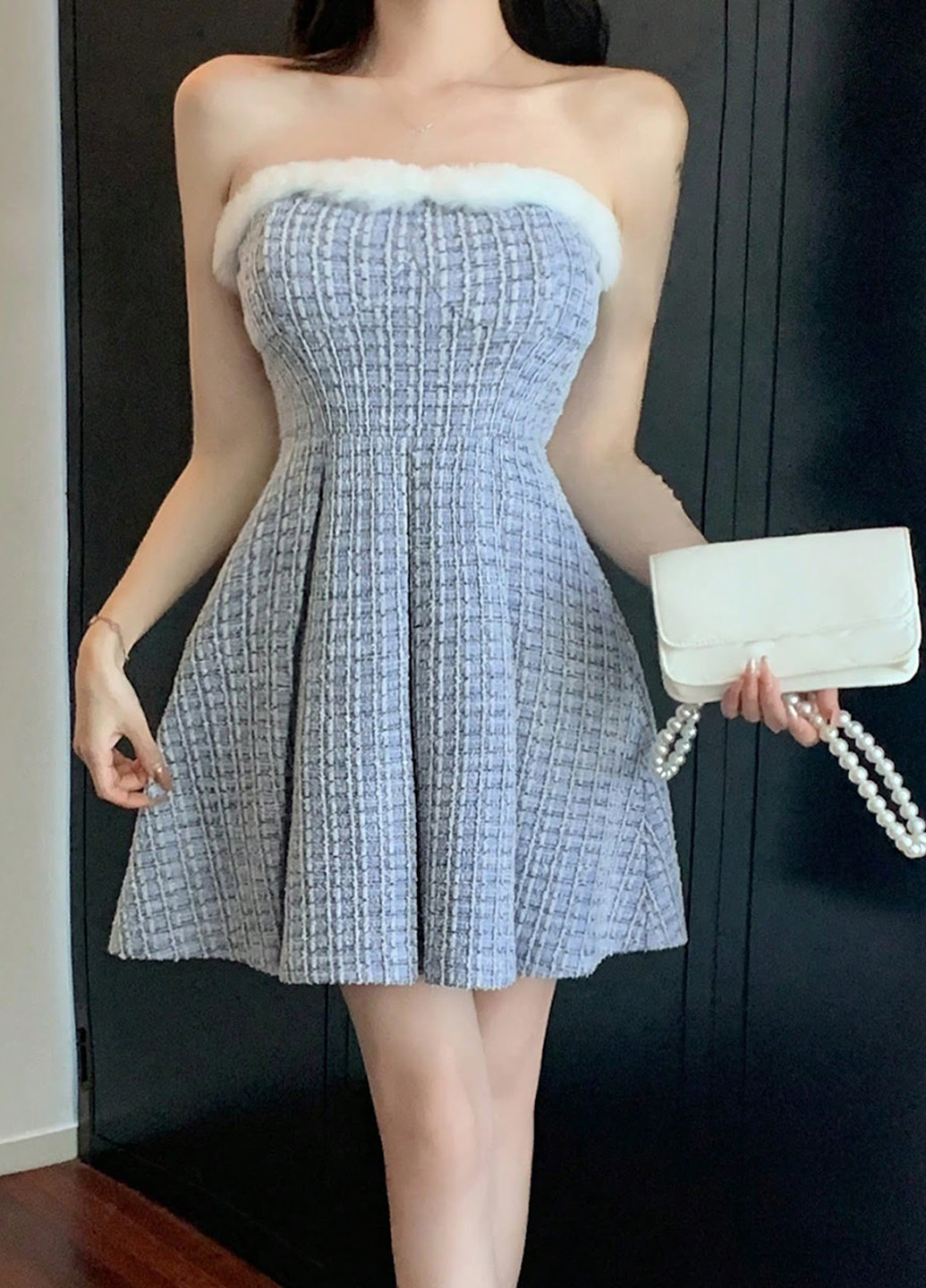 Серо-синее коктейльное, кэжуал платье клеш SHEIN в клетку