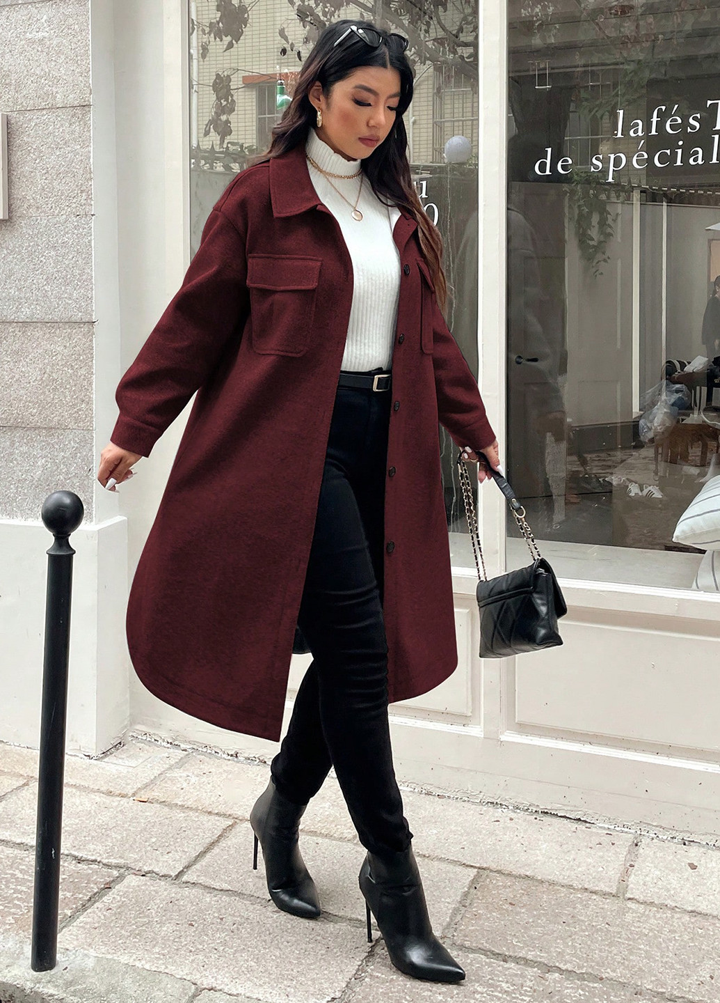 Бордове демісезонне Пальто пальто-сорочка SHEIN