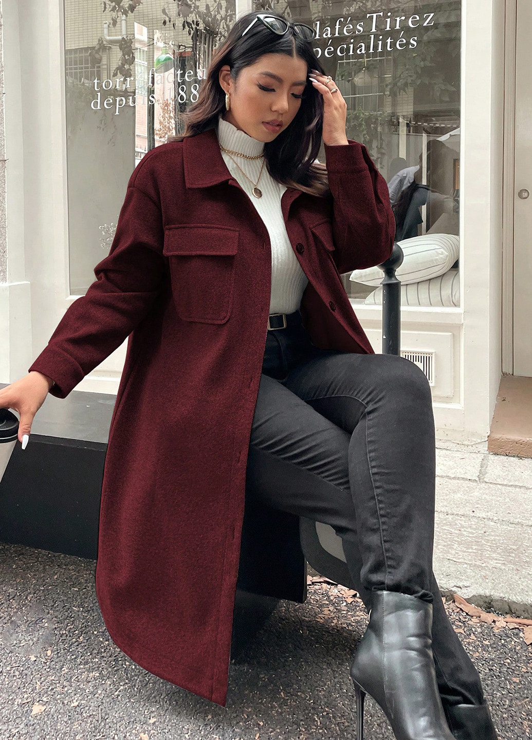 Бордове демісезонне Пальто пальто-сорочка SHEIN