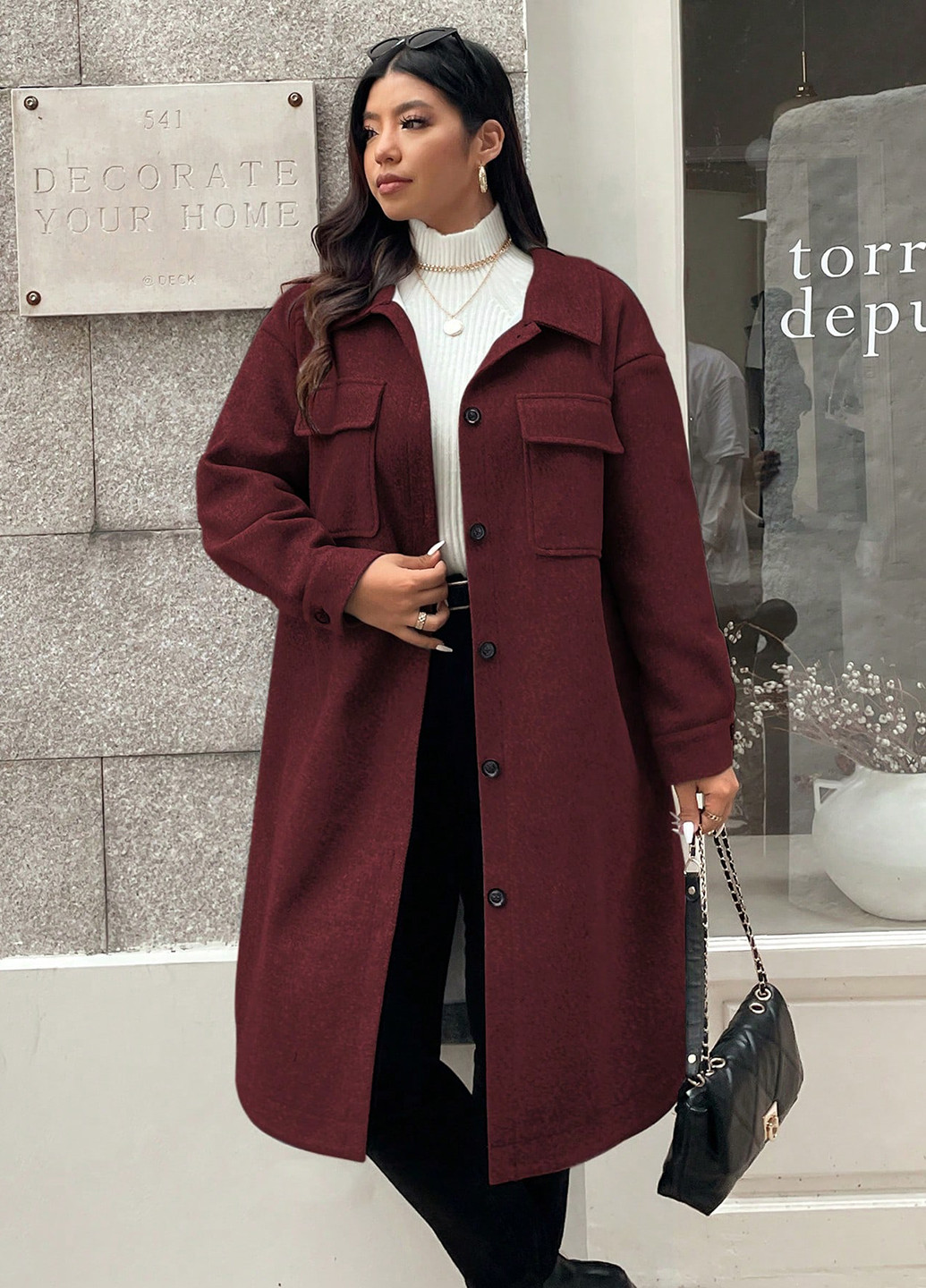Бордове демісезонне Пальто пальто-сорочка SHEIN