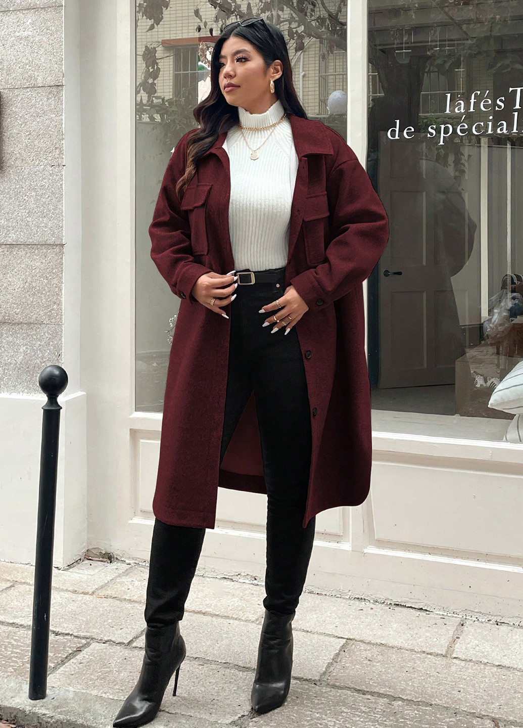 Бордове демісезонне Пальто пальто-сорочка SHEIN