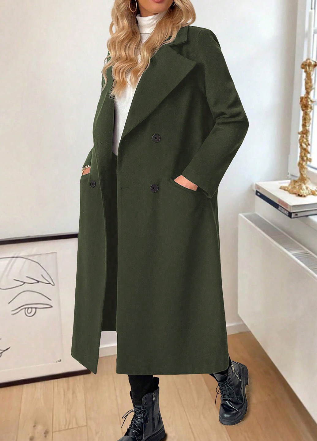 Оливкове (хакі) демісезонне Пальто двобортне SHEIN