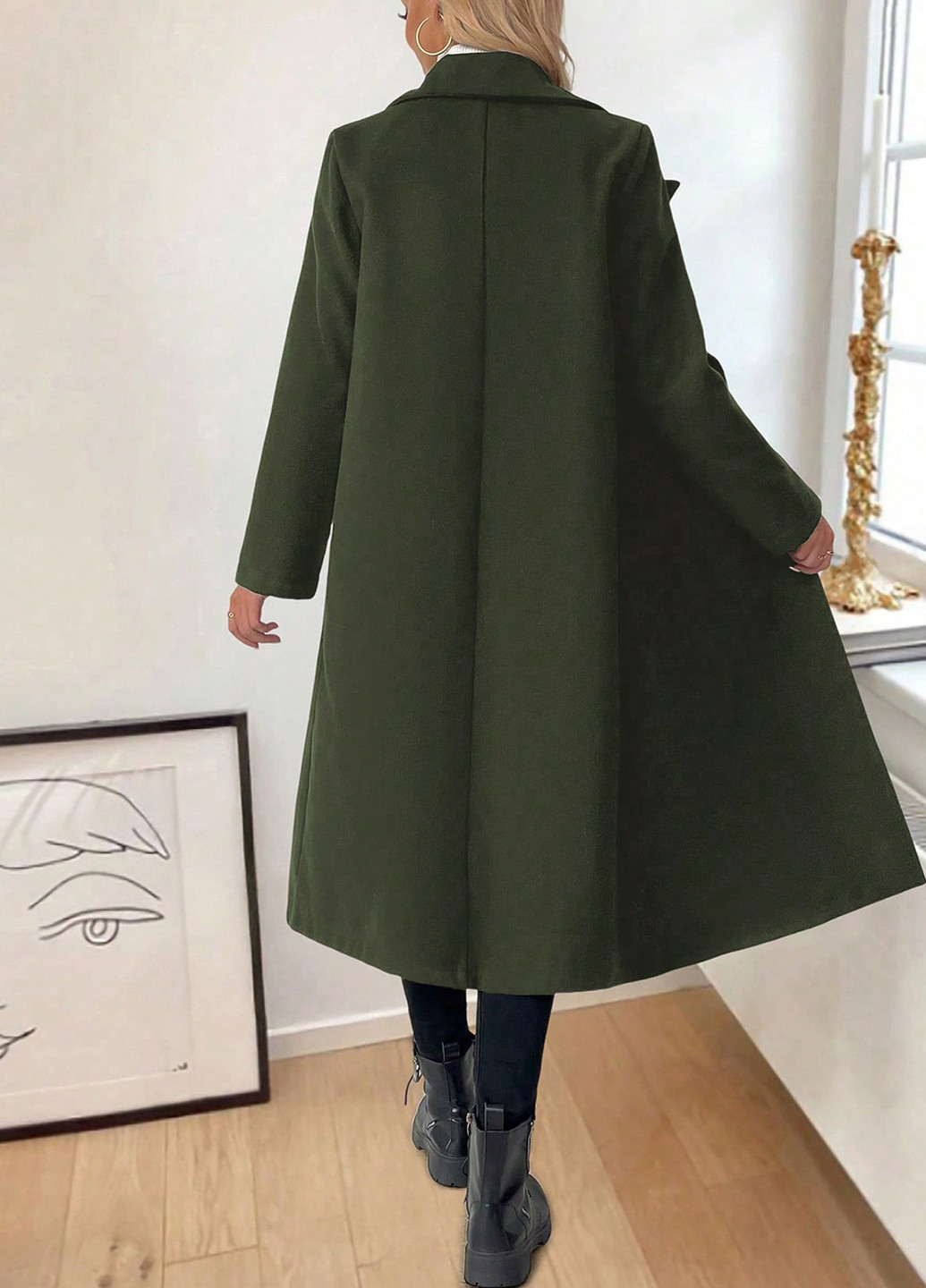Оливкове (хакі) демісезонне Пальто двобортне SHEIN