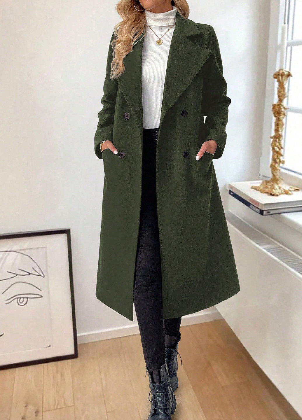 Оливкове (хакі) демісезонне Пальто двобортне SHEIN
