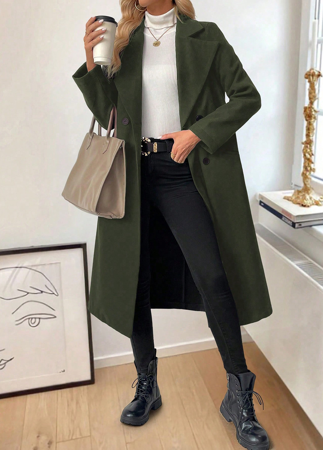 Оливкове (хакі) демісезонне Пальто двобортне SHEIN