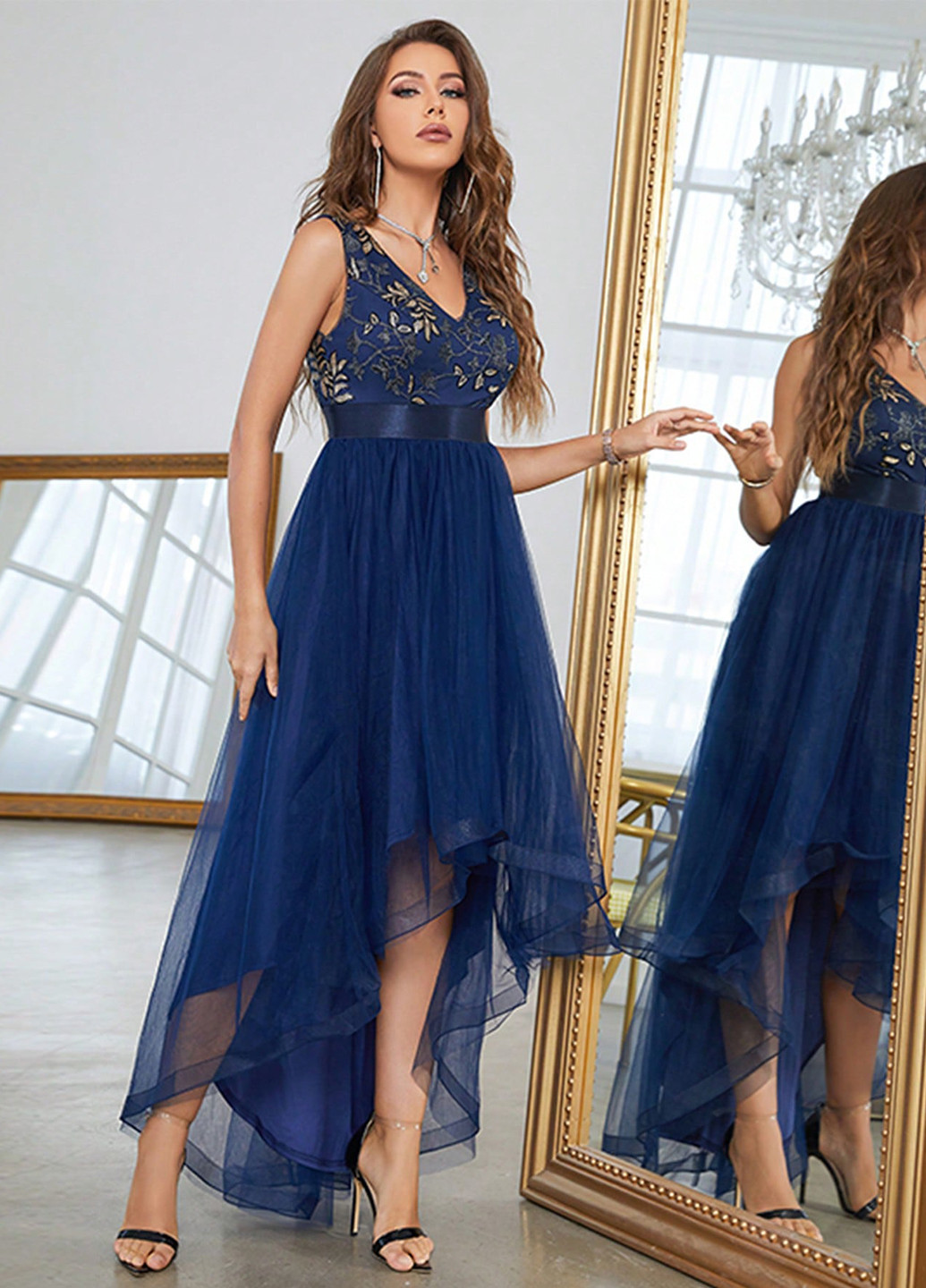 Темно-синее коктейльное платье с пышной юбкой, клеш SHEIN однотонное