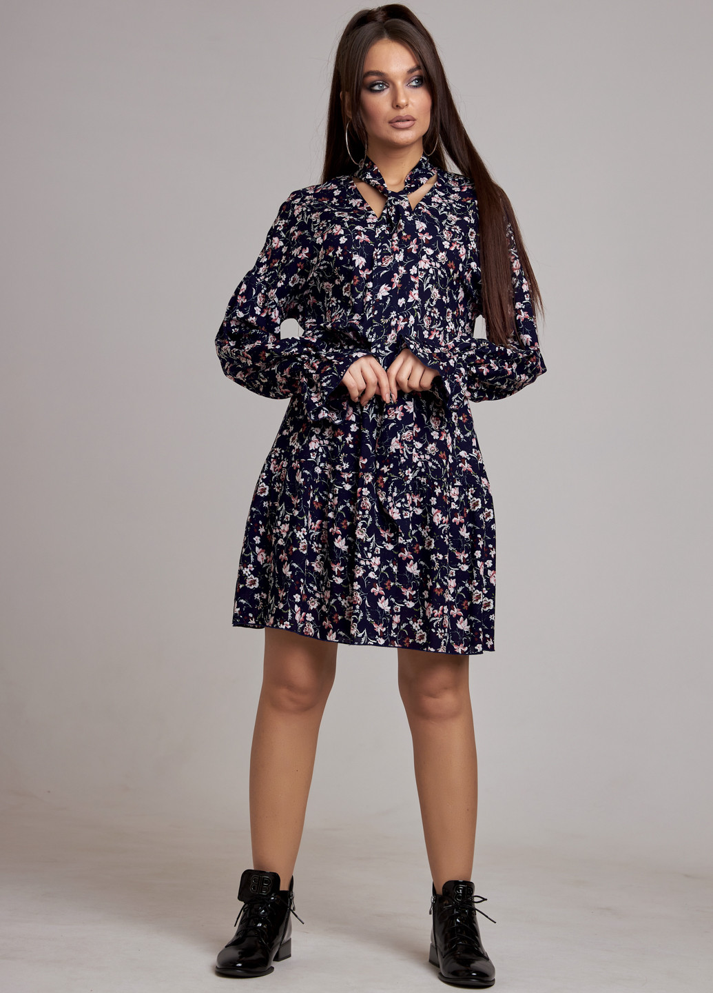 Темно-синее кэжуал платье клеш ST-Seventeen с цветочным принтом