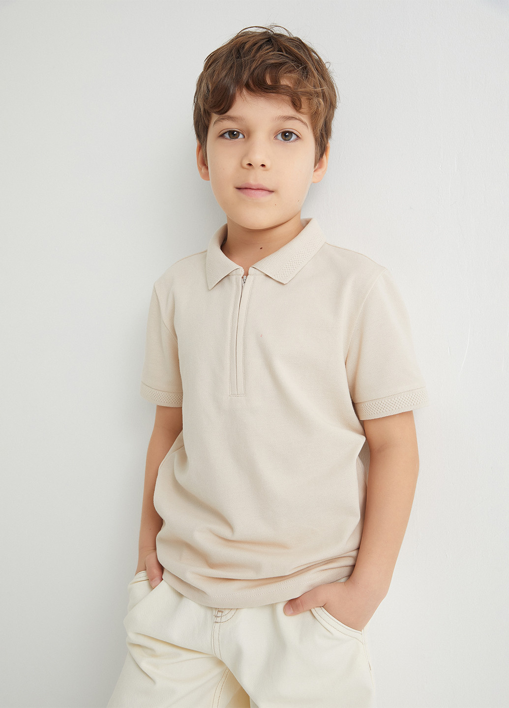 Светло-бежевая детская футболка-поло для мальчика KOTON однотонная