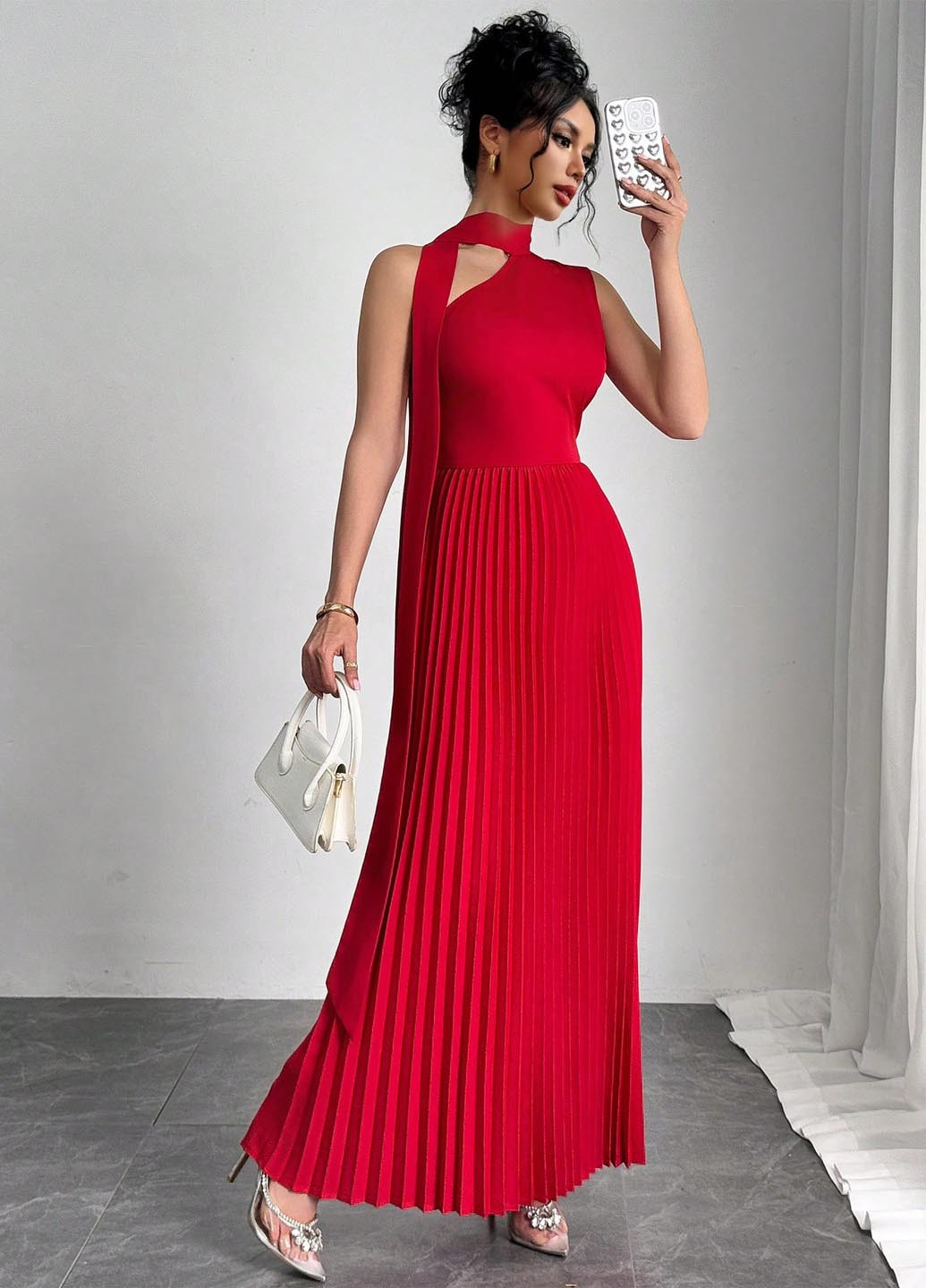 Красное вечернее платье плиссированное SHEIN однотонное