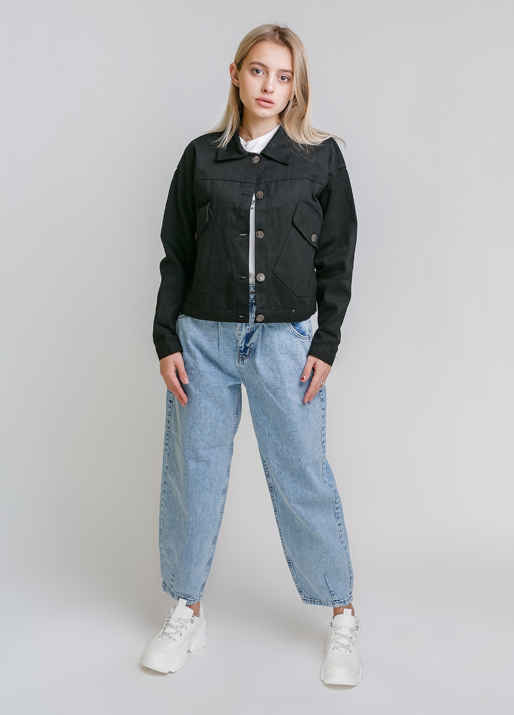 Черный женский пиджак джинс короткий, накладные косые карманы Asist однотонный - летний