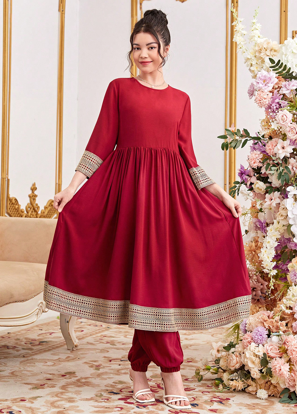 Красный демисезонный костюм (туника, брюки) брючный SHEIN