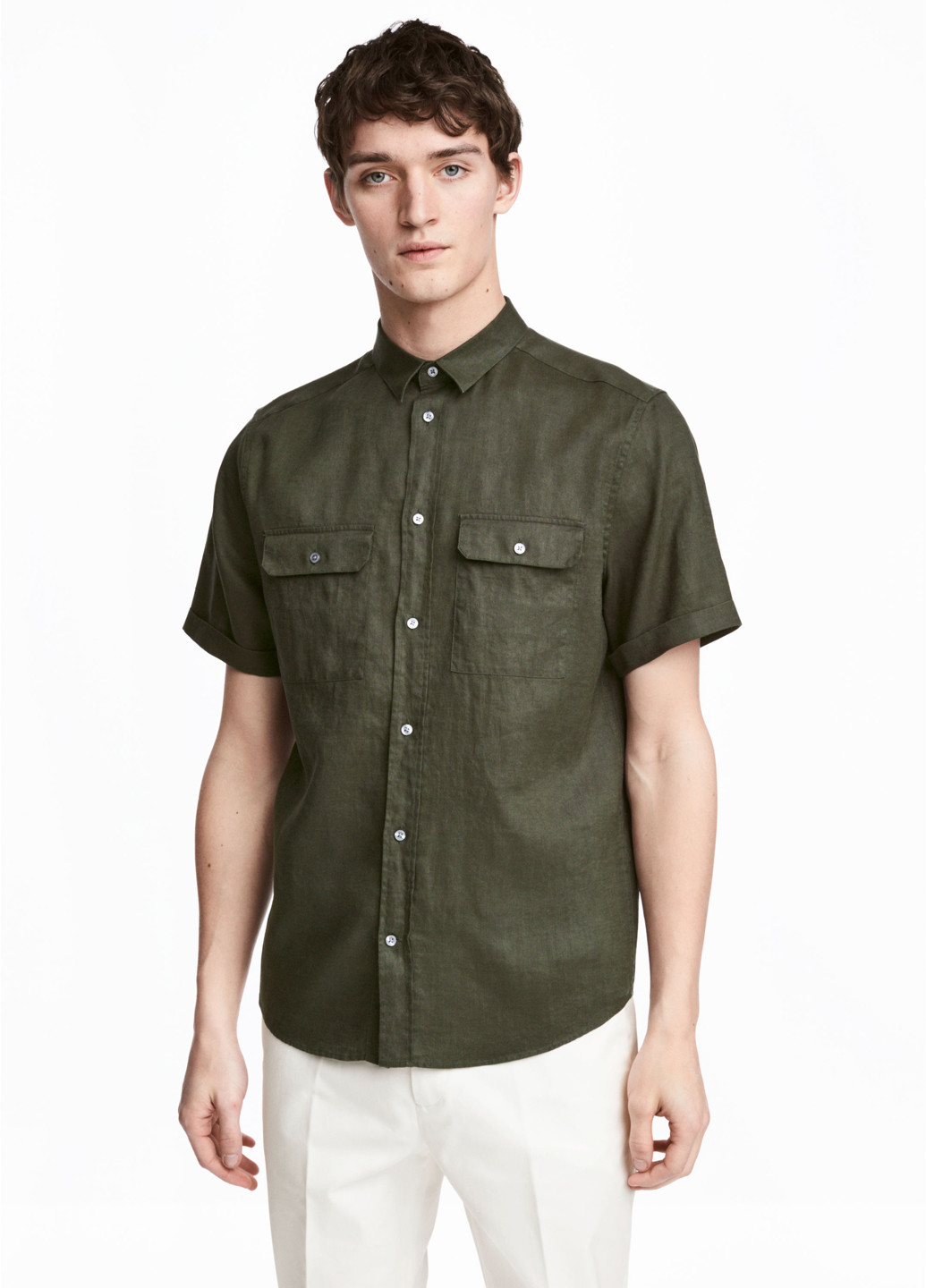 Темно-зеленая кэжуал рубашка H&M с коротким рукавом