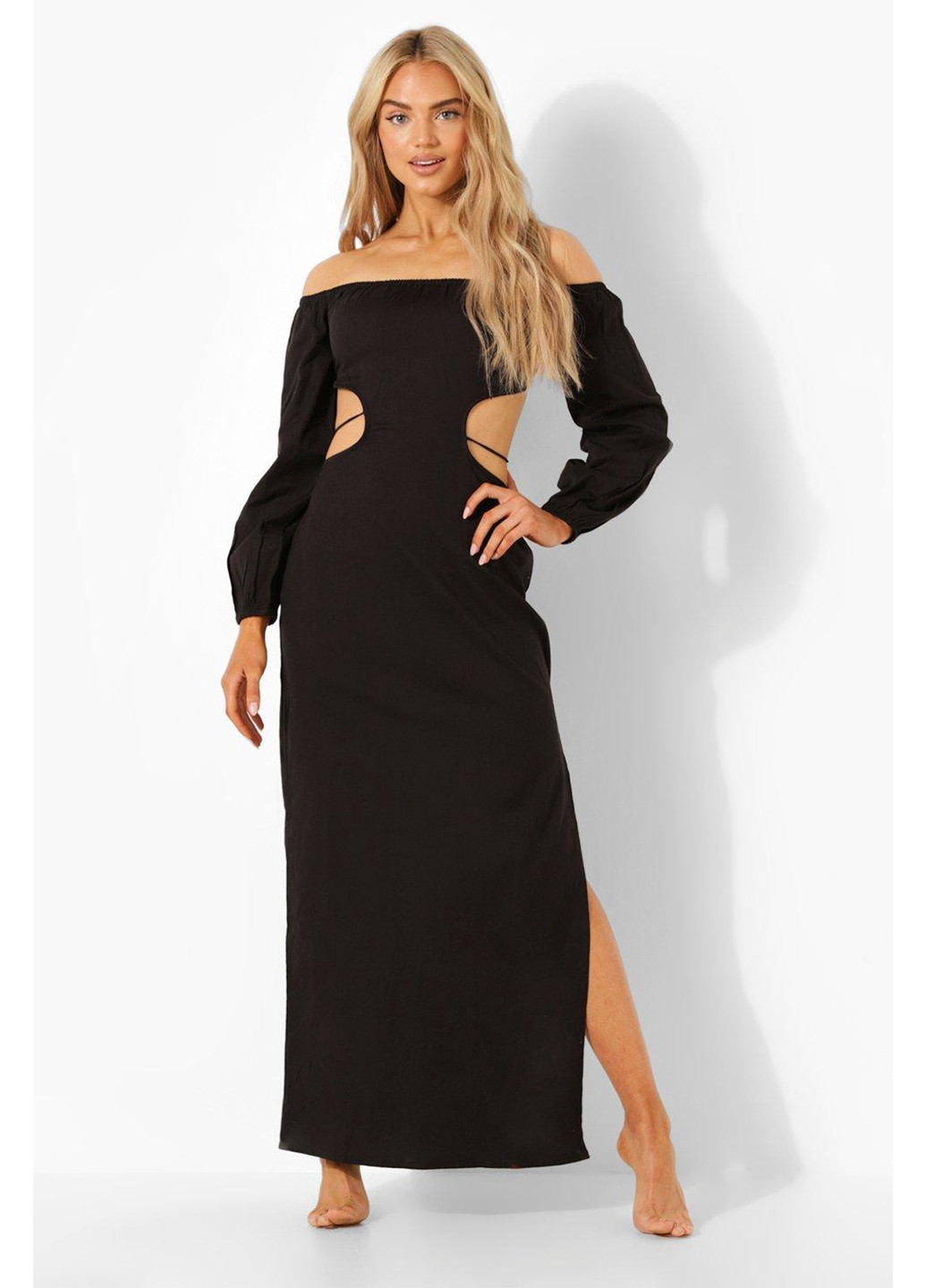 Чорна пляжна плаття, сукня з відкритими плечима Boohoo однотонна