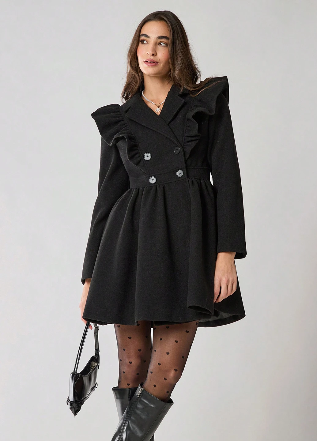 Черное зимнее Пальто двубортное SHEIN