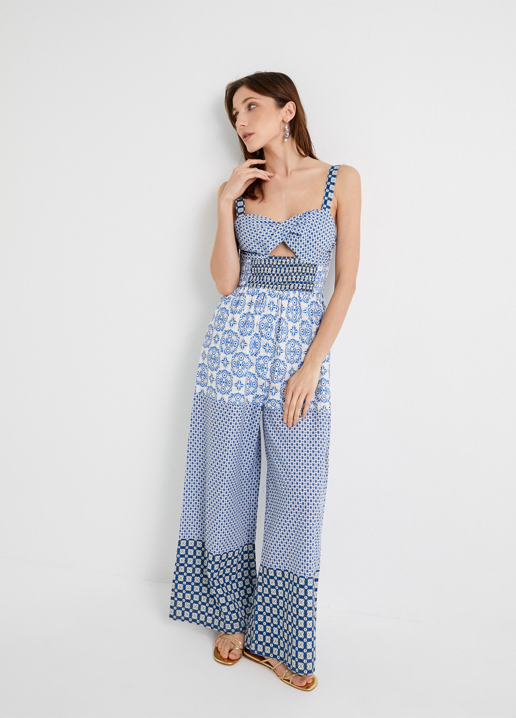 Комбинезон KOTON комбинезон-брюки абстрактный синий кэжуал хлопок, лен