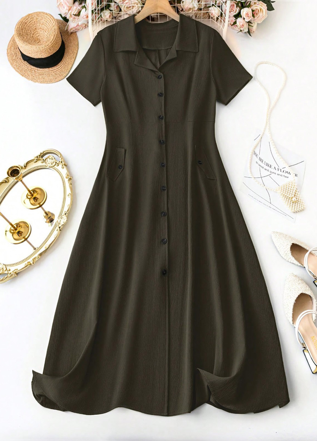 Темно-зеленое кэжуал платье а-силуэт SHEIN однотонное