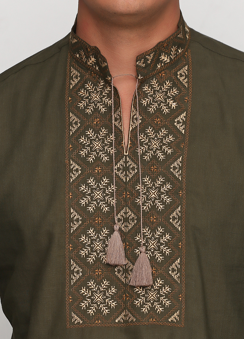 Вышиванка ЕтноМодерн Рубашка с длинным рукавом орнамент оливковая кэжуал